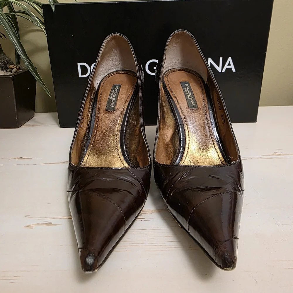Dolce & Gabbana | Dark Brown Leather Pointed-Toe Pumps Sz 36.5 - Picture 5 of 12